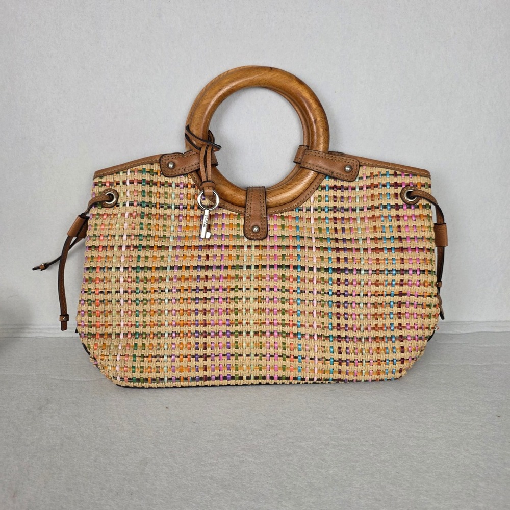 Fossil Multi Color Woven Straw Leather Handbag Wood Circle Handle Satchel Bag